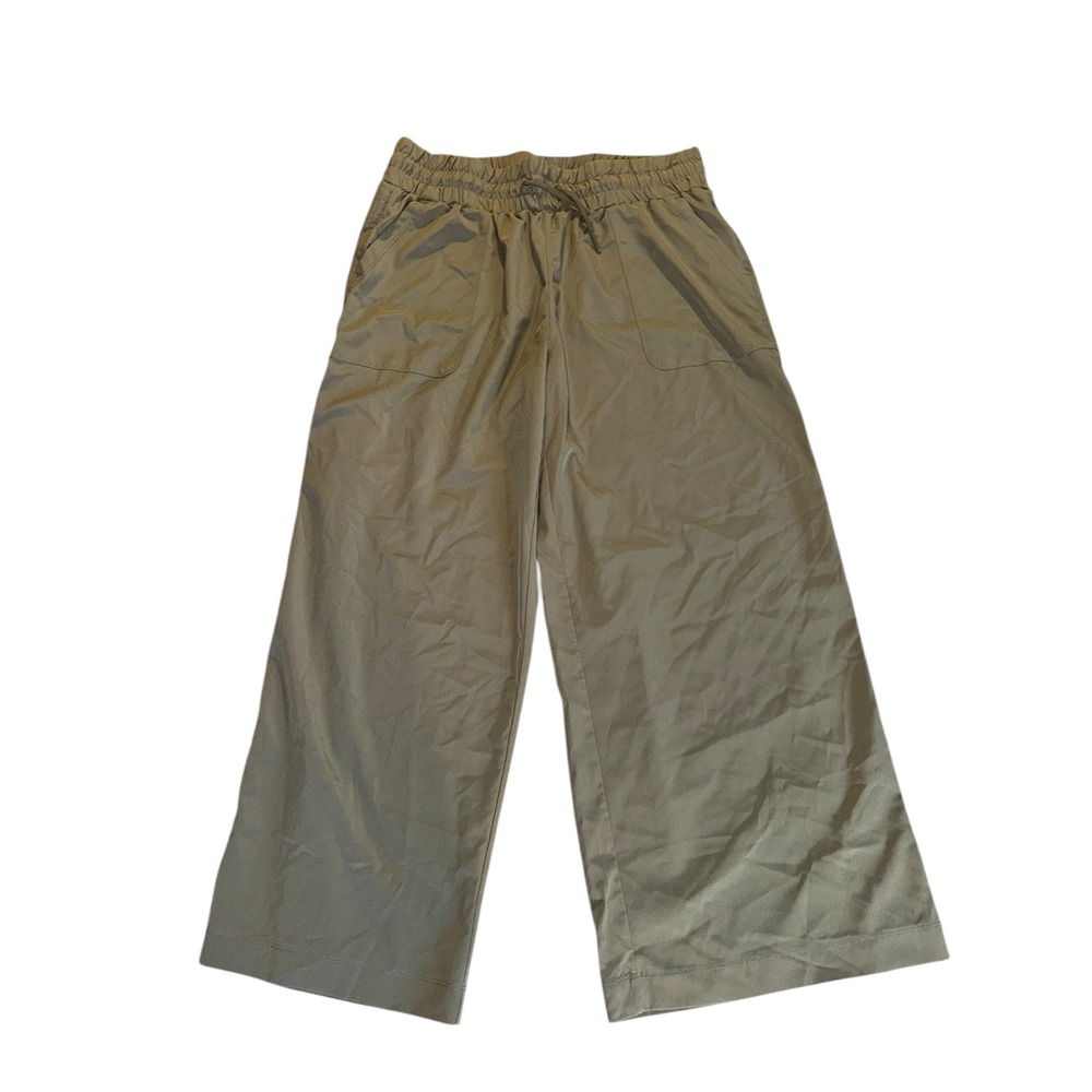 Olive Green Wide‎ Leg Crop Pants Drawstring Waist Pockets Casual Athleisure